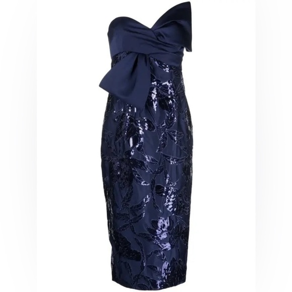 Marchesa Notte Lotus Sequin Midi Dress Size 2 Navy Formal Elegant Party Evening - Picture 16 of 16